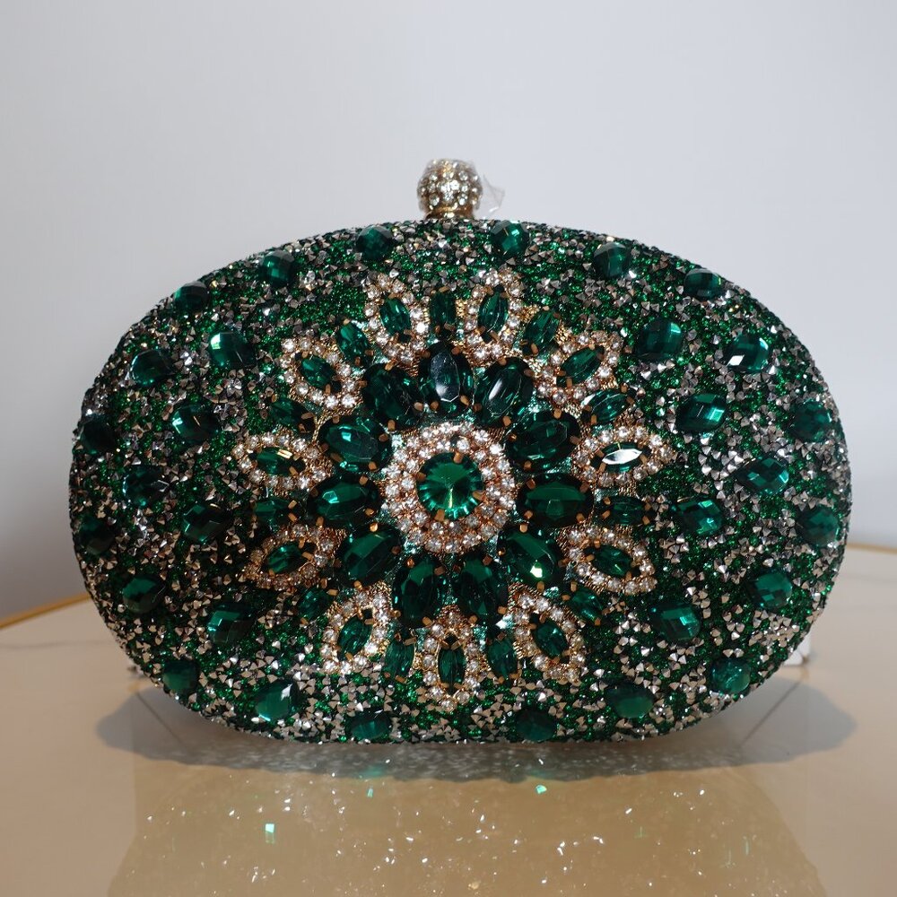 RAMLA Rhinestone faux diamond Green Handmade Evening Clutch Womens Prom Party